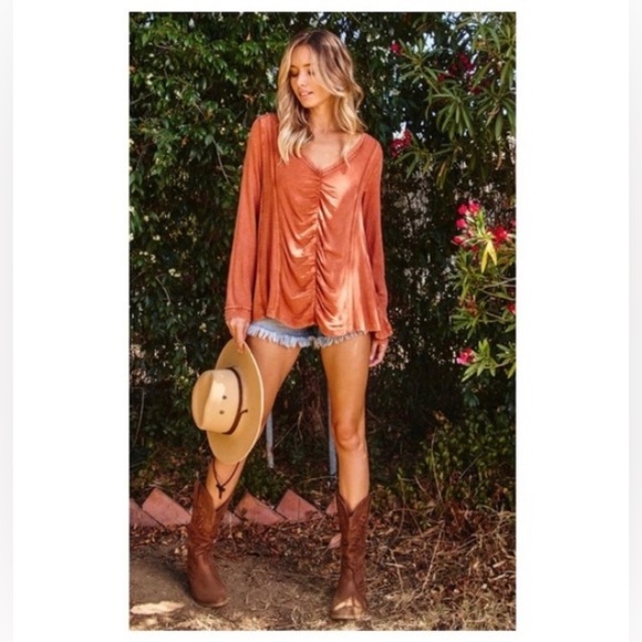 ✌🏼 #1381 Fun Rusty Ruched Stone Washed V Neck Long Sleeve Top - Picture 9 of 17